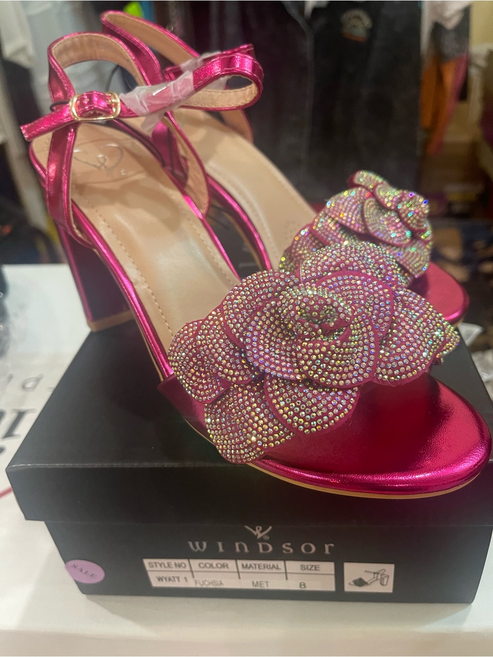 NEW! Women's Fuchsia Crystal Flower Slide Heel Sandals